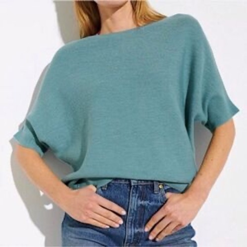 R Label Wool Knit Dolman Sleeve Sweater S/M Blue Crewneck Minimalist Boxy Top